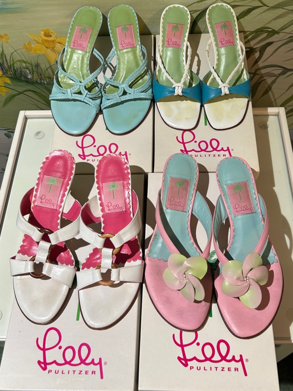 Vintage Lilly Pulitzer Leather Pastel Heel Sandal Lot of 4 Pairs with Boxes.